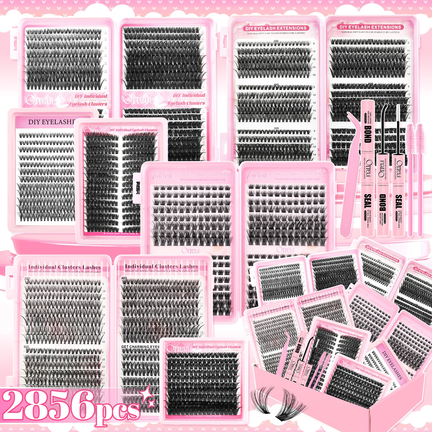 2856pcs DIY Lash Clusters Kit, Wispy Individual Eyelash Extensions Gift Set with Bond & Seal, Tweezers and Brushes