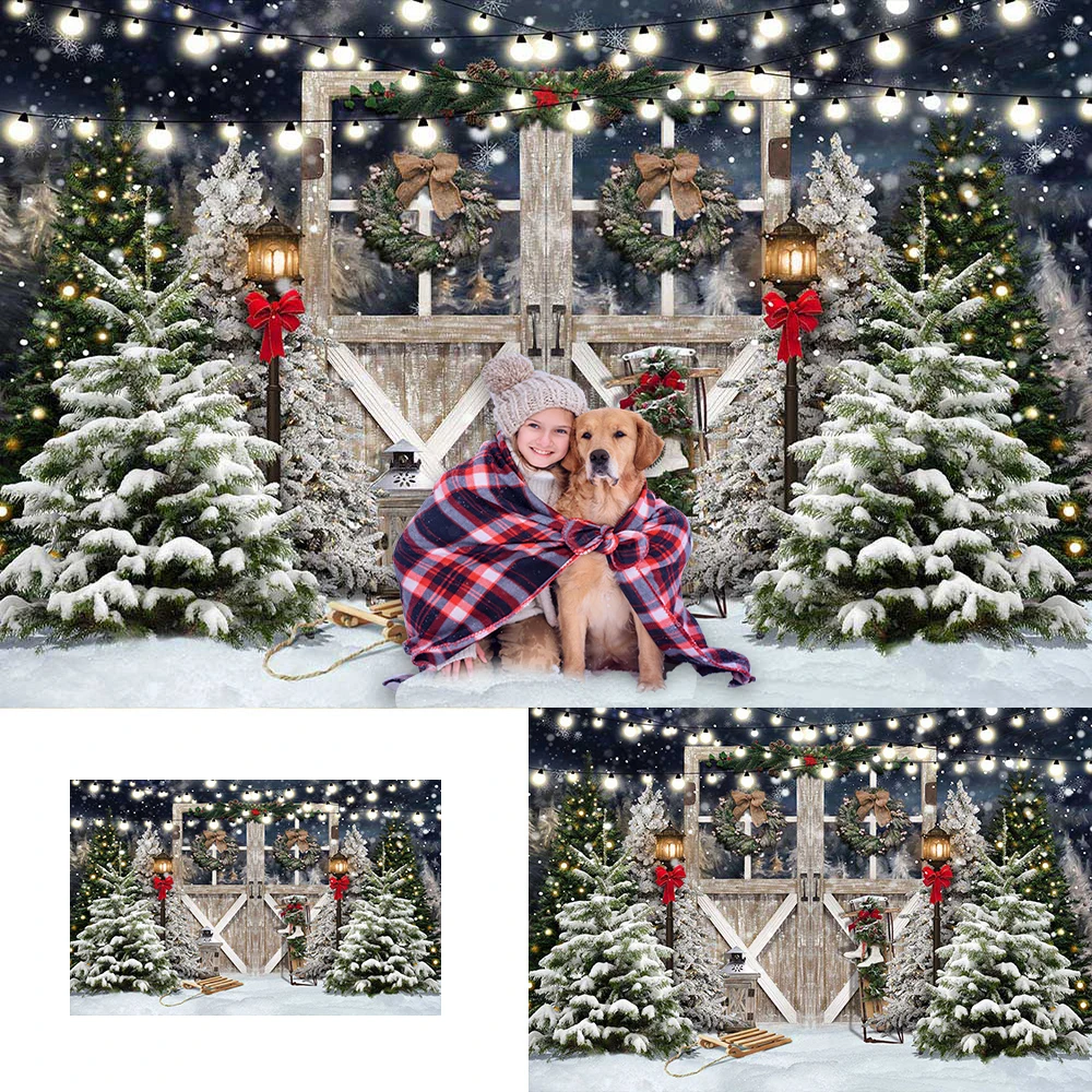 

Christmas Photography Backdrop Winter Snow Night Xmas Tree Background Wooden Door Photo Props Kids Family Portrait Photographic