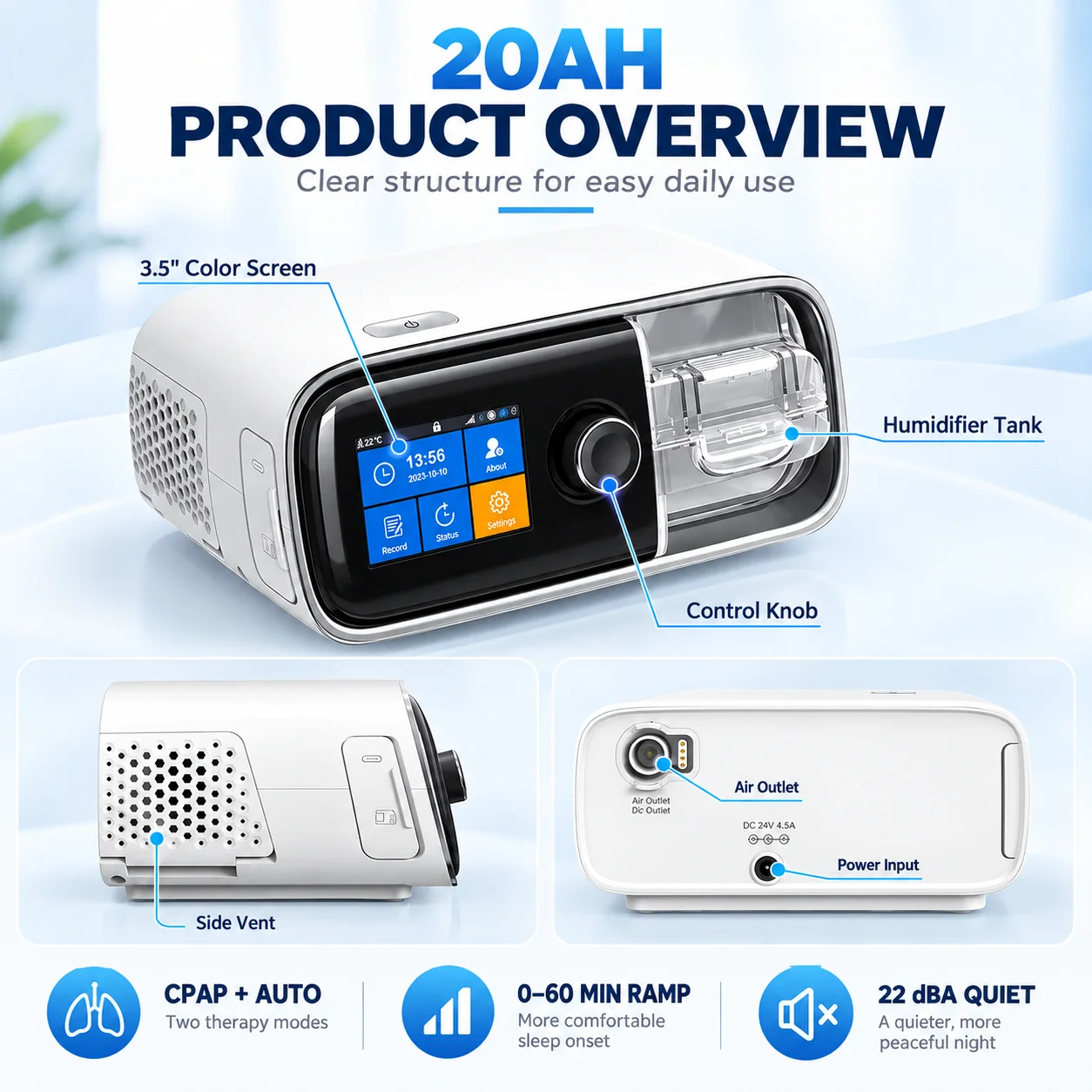 Resoxy DS6/20AH Auto CPAP Machine Automatic Pressure Adjustment Device 28dB Low Noise with SD-card For Home Travel Sleep