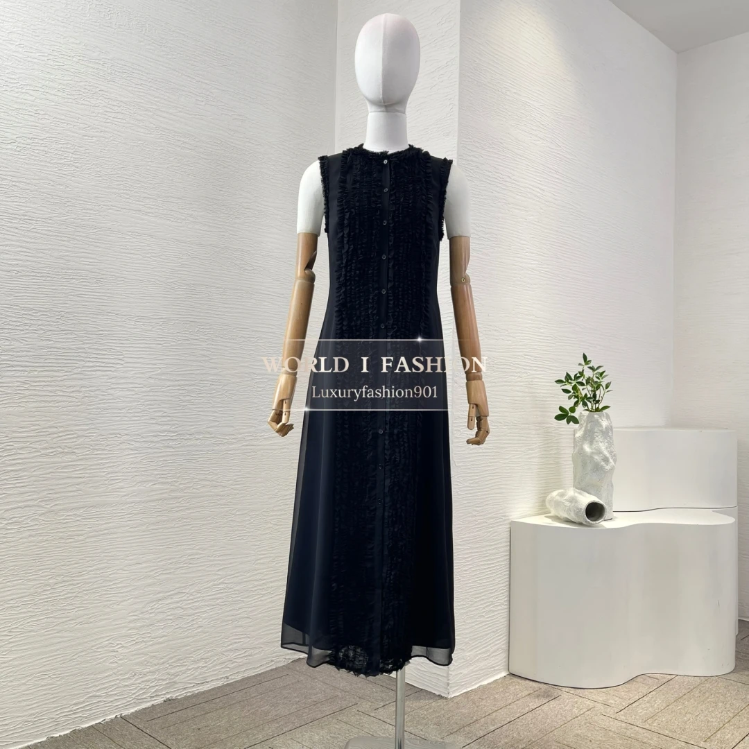 

2025 O Neck High Quality Black Sleeveless Ruffles Pleat Midi Dress Silk