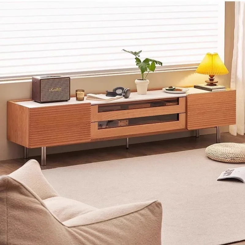 Solid wood rock panel TV cabinet, living room small apartment, light luxury cherry wood color, retro locker
