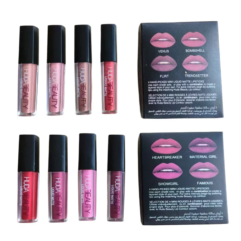 8pcs Huda Beauty Liquid Matte Lip Gloss Kit Waterproof Lip Glaze Tint Non-stick Non-Fading Lipstick Lip Makeup Cosmetic Lip Care