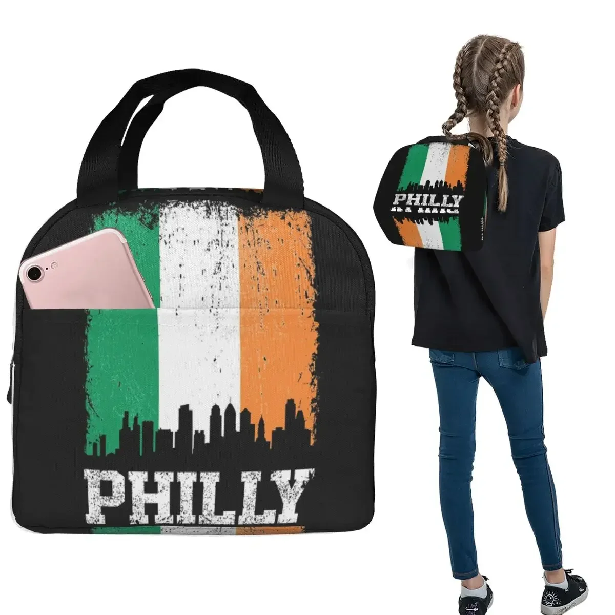 Vintage Philadelphia Irish Flag Philly Skyline Pride Insulated Lunch Bag for Women Children Food Boxes Thermal Lunch Box Tote