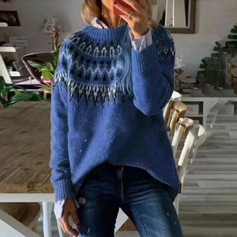 Women O Neck Rib Knitted Top Pullover Winter Long Sleeve Warm Cashmere Sweater Mujer Retro Jacquard Print Crochet Autumn Sweater