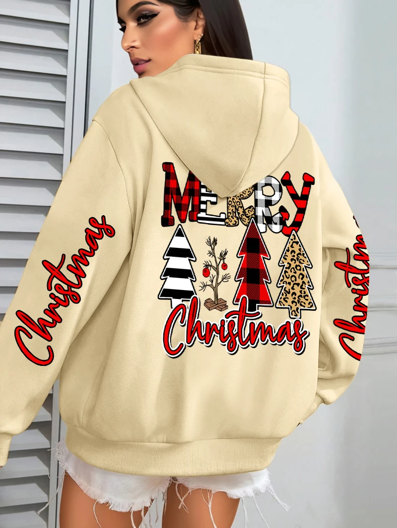 Merry Christmas Happy Trees Prints Women Hoodies Autumn Y2K Pocket Hoody Casual Hip Hop Sportswear All-Match Pullovers