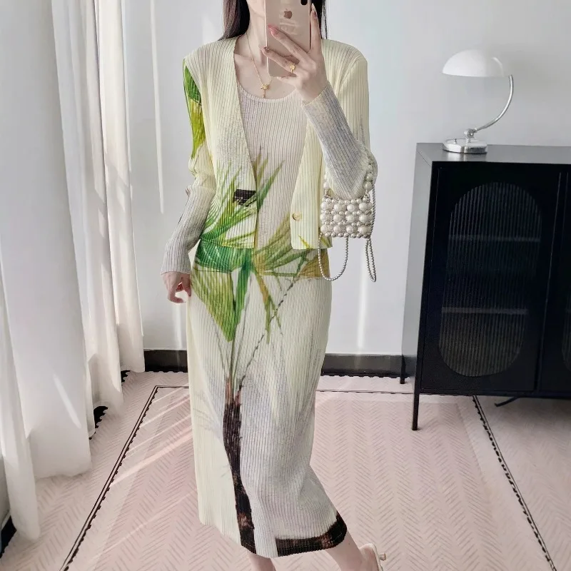  Pleated Printed Strap Dresses Summer Long Sleeve Cardigan Simple Casual Fashion Women's Draped Elastic Wrinkle-Free Dress