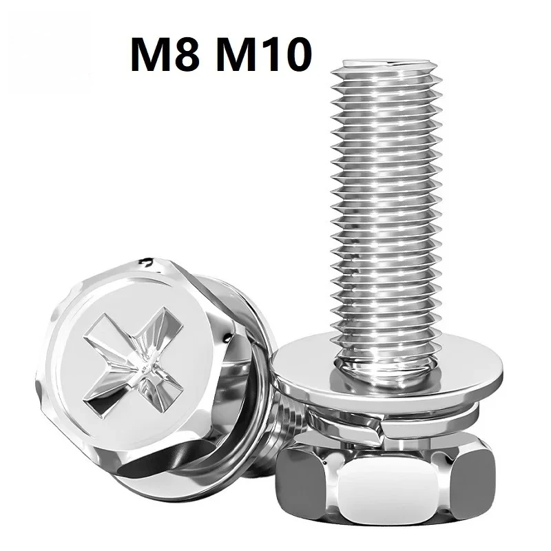 M8 M10 304 Stainless Steel Outer Hexagon Cross Recessed Screws with Flat & Spring Washers / Hex Head Phillips Bolt Set A2-70
