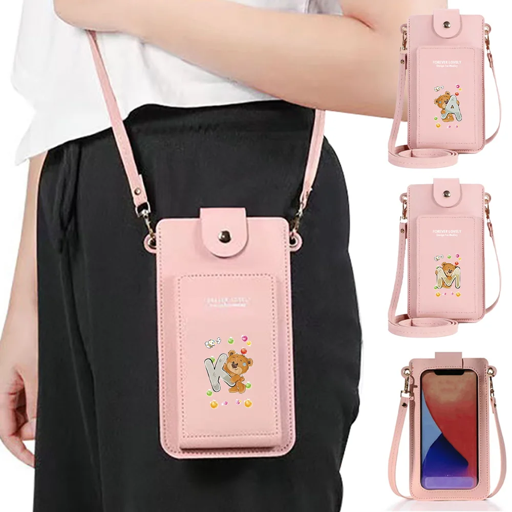 Ladies Wallet Coin Purses Cards Holder Women's Shoulder Mobile Phone Bag Suitable for Samsung/iPhone/Huawei/Xiaomi Bear Letter