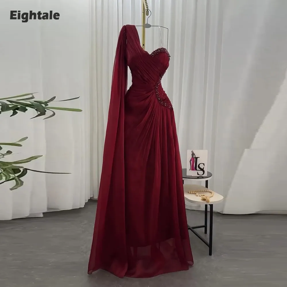 

Eightale Arabic Evening Dress One Shoulder Beaded Pleats Crepe Customized Burgundy A-Line Muslim Prom Wedding Party Gown