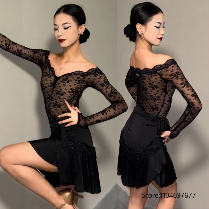 

Latin Dance Clothing Women White Black Lace Long Sleeves Tops Fringes Skirt Competition Dress Rumba Cha Cha Dancewear DNV26136