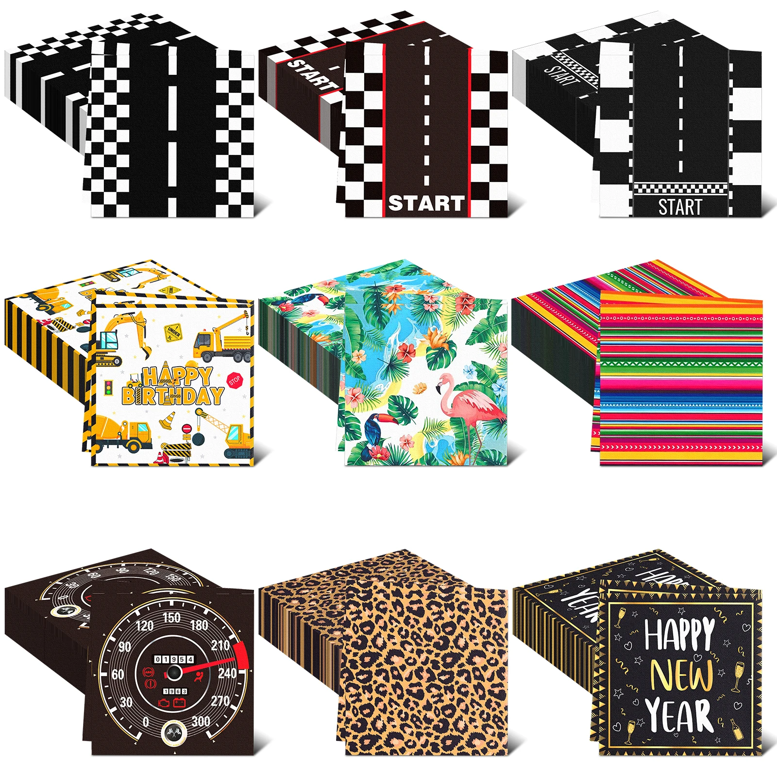 

20 Pack Mexican Fiesta、leopard print、New Year、flamingo、racing car、excavator Theme Napkins,Napkins for Themed Birthday Party