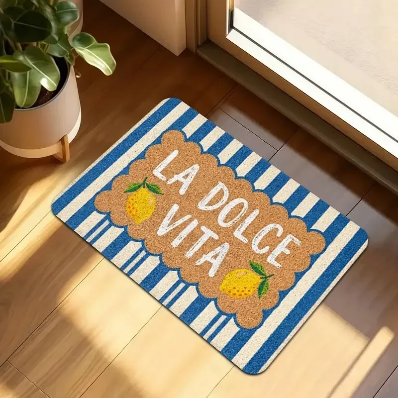 Italian La Dolce Vita Welcome Doormat Mediterranean Lemon Pattern Floor Mat Blue White Striped Entrance Welcome Rug