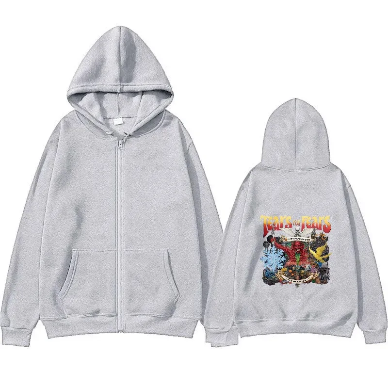 سترة رجالية بغطاء للرأس سوداء على شكل دموع الدببة مطبوعة برسومات بسحاب لملابس الشارع غير الرسمية في الهواء الطلق #4