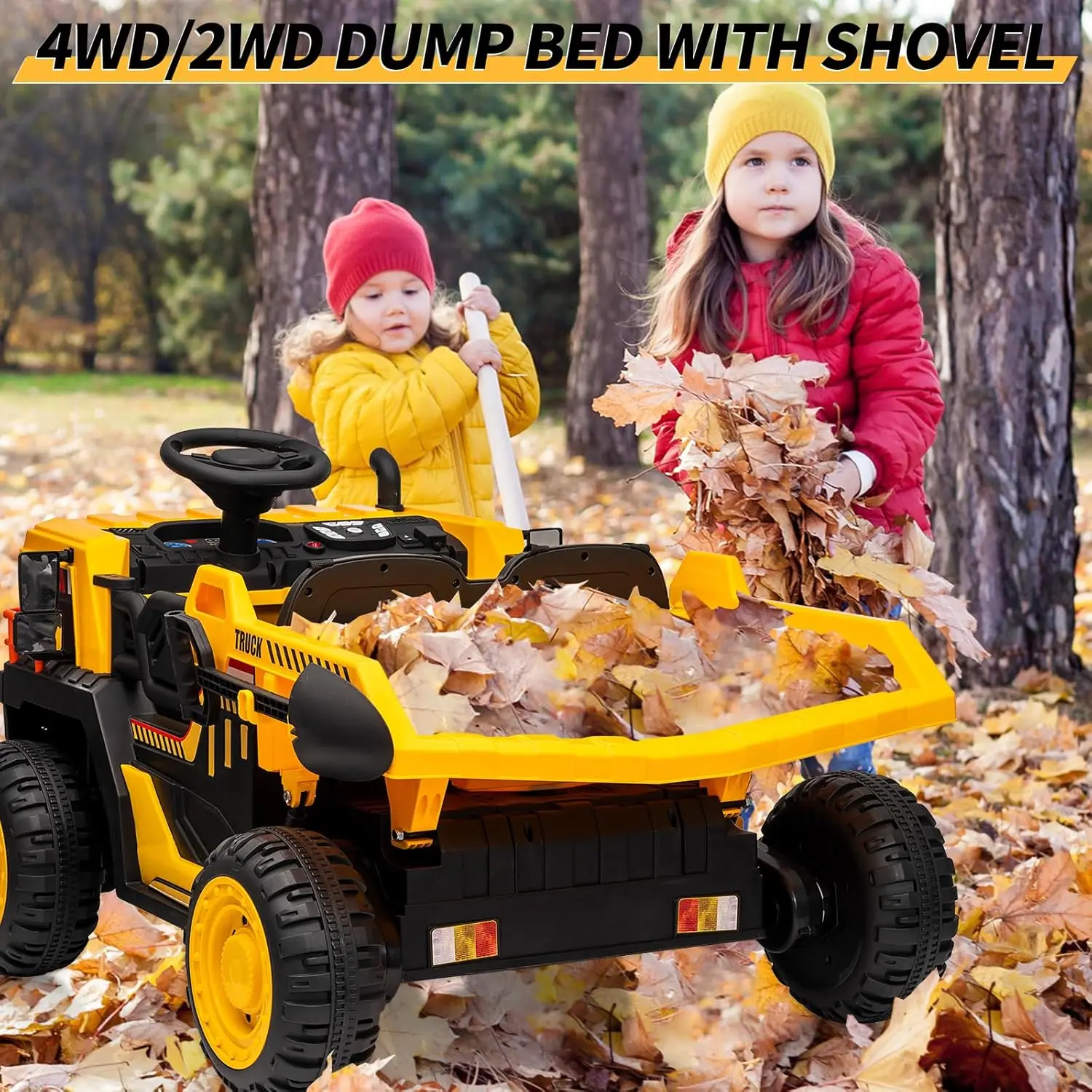 Ride on Dump Truck with Dump Bed 24v Ride on Construction Vehicle with Remote Control Extra Shovel 3 Speeds Music Safety Belt