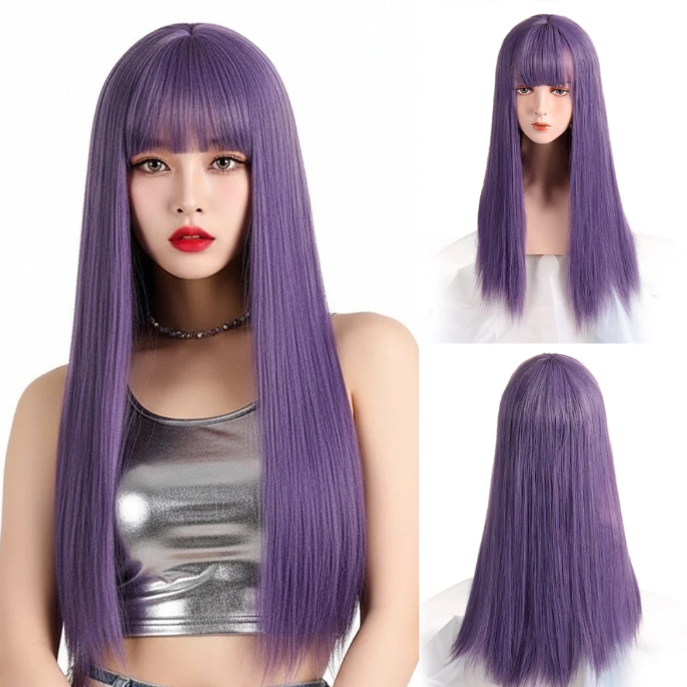 

Длинный прямой термостойкий парик с челкой, женский синтетический фиолетовый парик Лолиты для косплея, вечеринки, повседневной носки