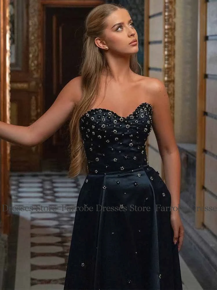 Luxury Women's Cocktail Dresses 2025 Satin A-line Prom Dresses Navy Blue Sweetheart Pearls Beads Ruched Birthday Party Dresses
