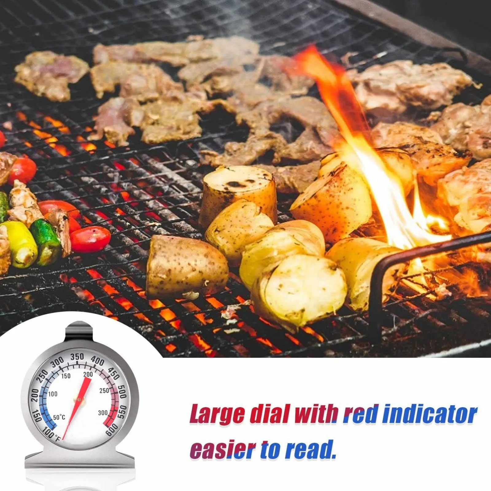 Oven Thermometer Stainless Steel Mechanical Analog Large Dial Instant Read with Hook & Stand for Kitchen Baking BBQ Grill Smoker