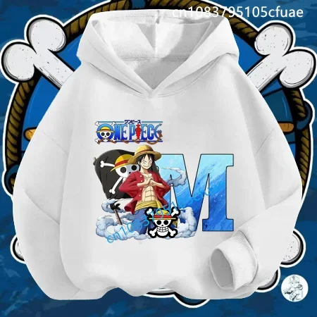 

White Hooded Autumn Girls Clothing Anime Kids Clothes Boys Tops One Pieces Letter A-Z Hoodie Cartoon Luffy Sweatshirt Suit Teen