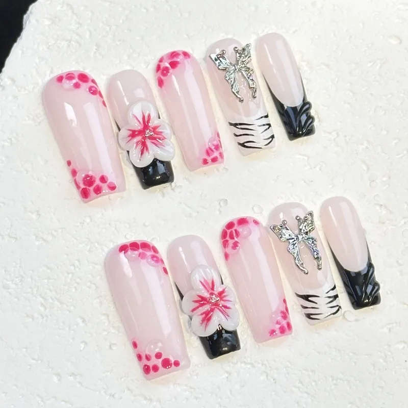 

Handmade Long Press on Nails French Blooming Flowers Design Fake Nails Full Cover European Shiny Square False Nail Patches
