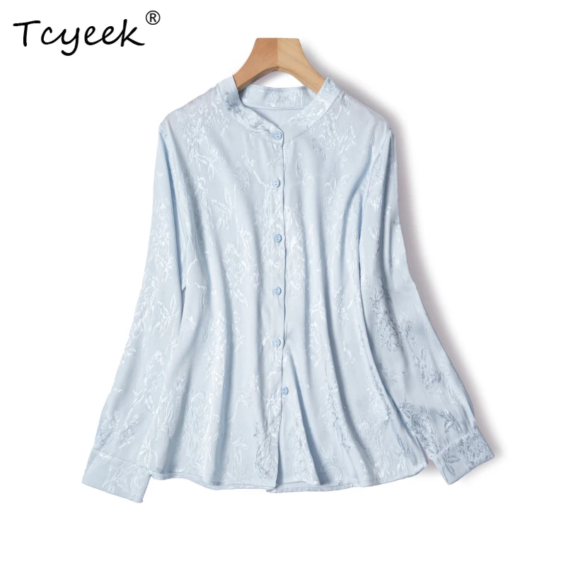 

Tcyeek 93% тутовый шелк 7% спандекс Весенне-осенний воротник-стойка с длинными рукавами Однотонные свободные женские рубашки wertuva ознакоми quickly