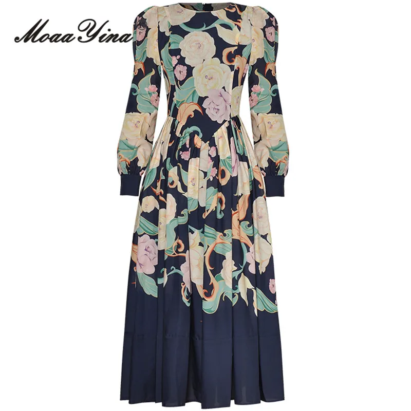 MoaaYina Autumn Fashion Designer Vintage Floral Print Dress Women O Neck Lantern Long Sleeve High Waist Slim Pleated Long Dress