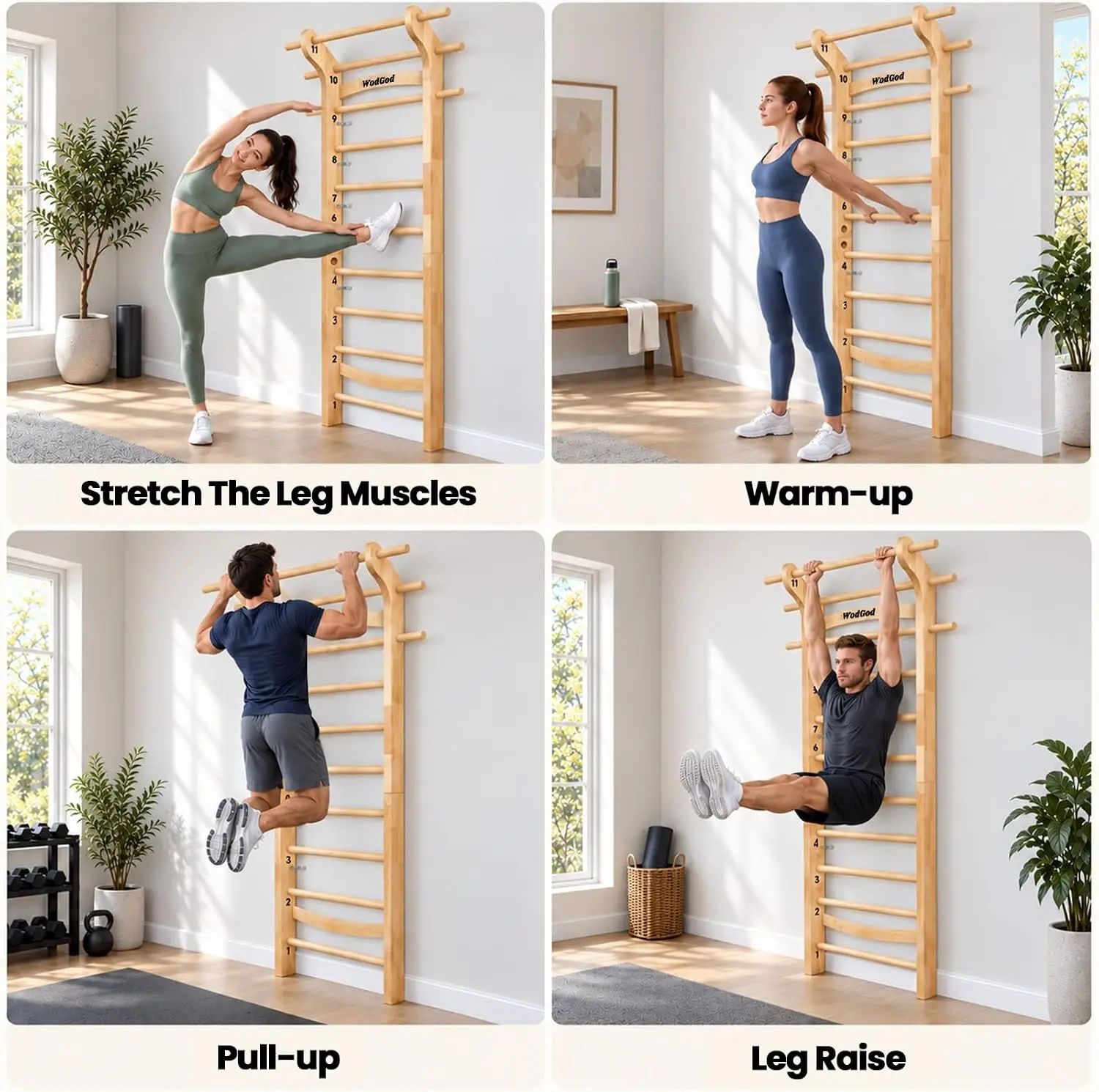 Wood Swedish Ladder Stall Bar with 11 Strategic Rods, Wall Mounted, Supports up to 330 lbs, Includes Exercise Straps, Pull-Up Resistance Band, and Pull-Up Bar, 39.37 x 86.6 Inches, for Stretching and Multiple Exercises in Indoor Home School Gym Fitness