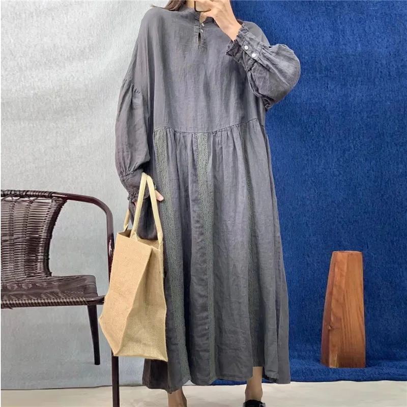 Johnature New Linen Women Embroidery Loose Dresses 2024 Autumn Vintage O-neck Full Sleeve Button Solid Color Female Dress