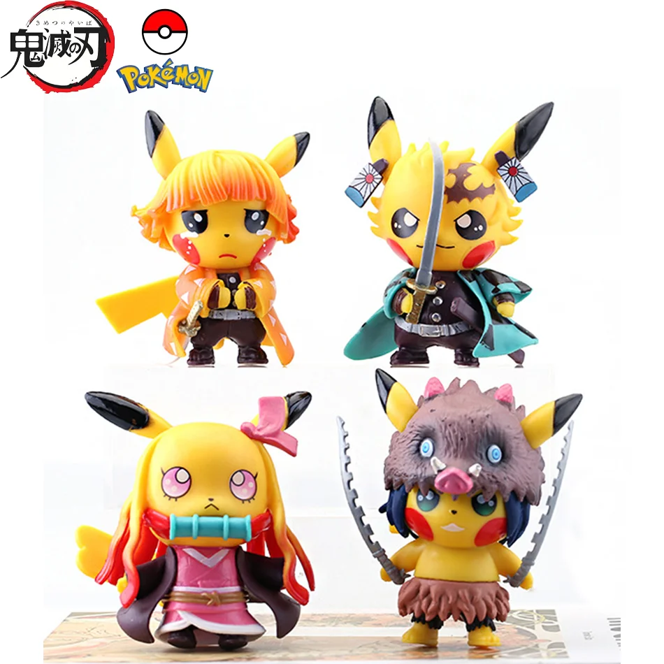 

Pokemon Anime Figures Pikachu Toys Model Charmander Psyduck Demons Slayers 4pcs Kawaii Collect Dolls Kids Gift
