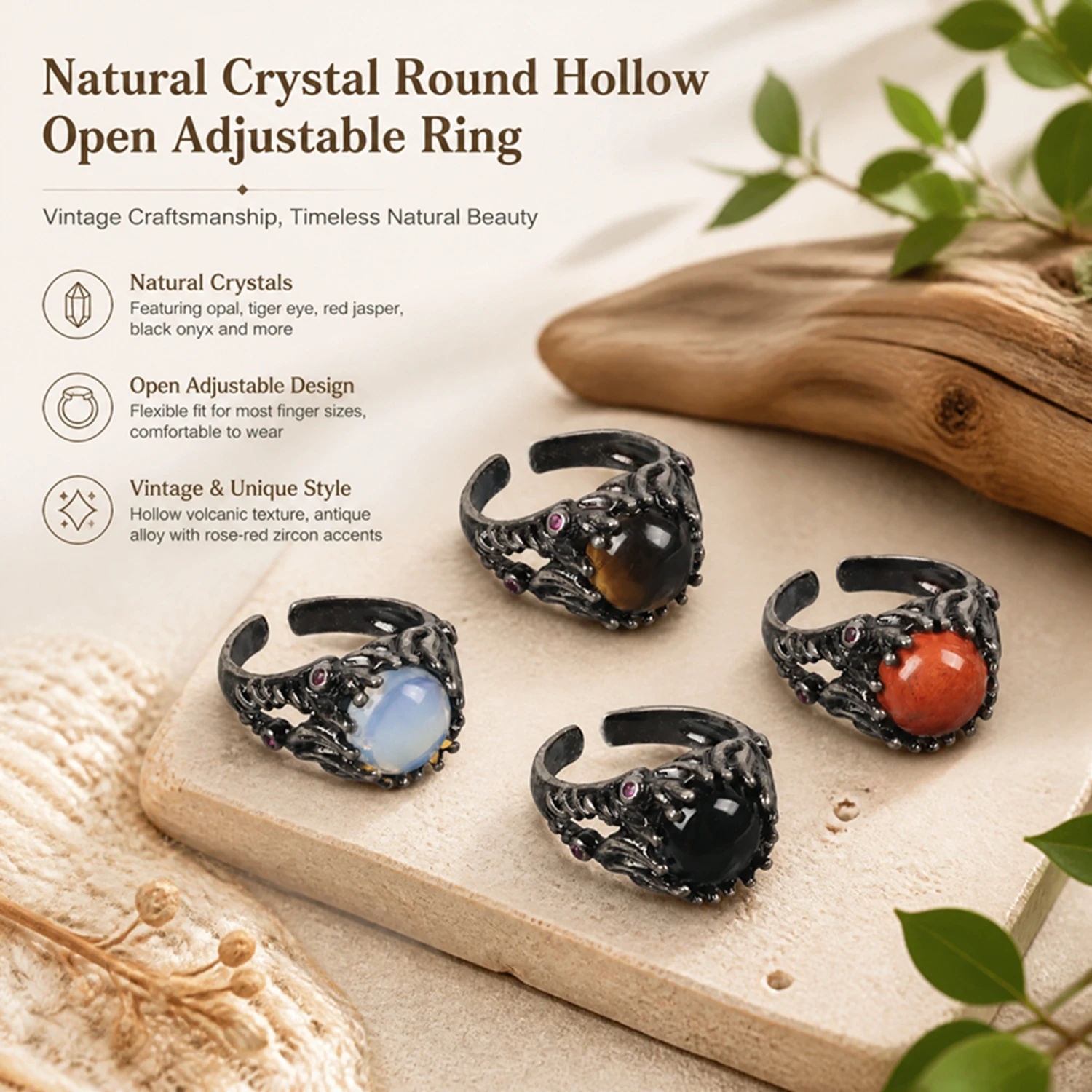 Gothic Vintage Black Dragon Claw Adjustable Rings for Women Men Punk Natural Stone Amethyst Opal Obsidian Witchy Jewelry Gift