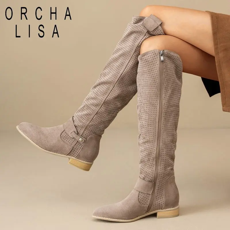 

ORCHA LISA/женские замшевые сапоги до колена из флока с круглым носком, толстая подошва 3 см, молния, большой размер 46 47 48 US17 с вырезом