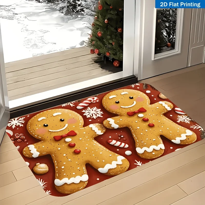 1pc 2D Flat HD Gingerbread Man Area Rug, Red Background With Candy Cane, Berries & Snowflake Print, Non‑Slip Decor Mat