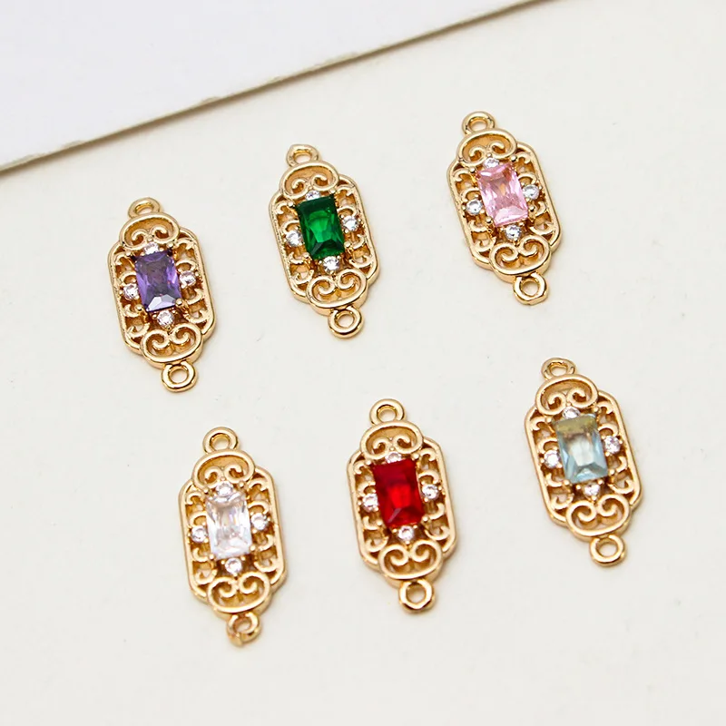 20pcs/ Bag DIY copper gold-plated micro-set zirconia double ring rectangular rhombus vintage style pendant earrings accessories