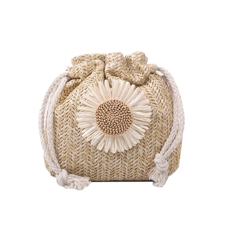 Sun Flower Graphic Straw Bag Vintage Shoulder Beach Bag Women\'s Crossbody Purse Mini Floral Decor Straw Crossbody Bag