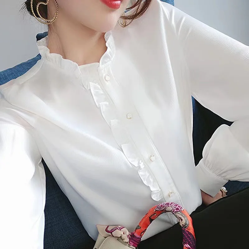 

Long Sleeve Shirts Womens French Style Cotton Tops Pleated Hem Button Front Decorative Pockets Feminine Minimalist Preppy Style