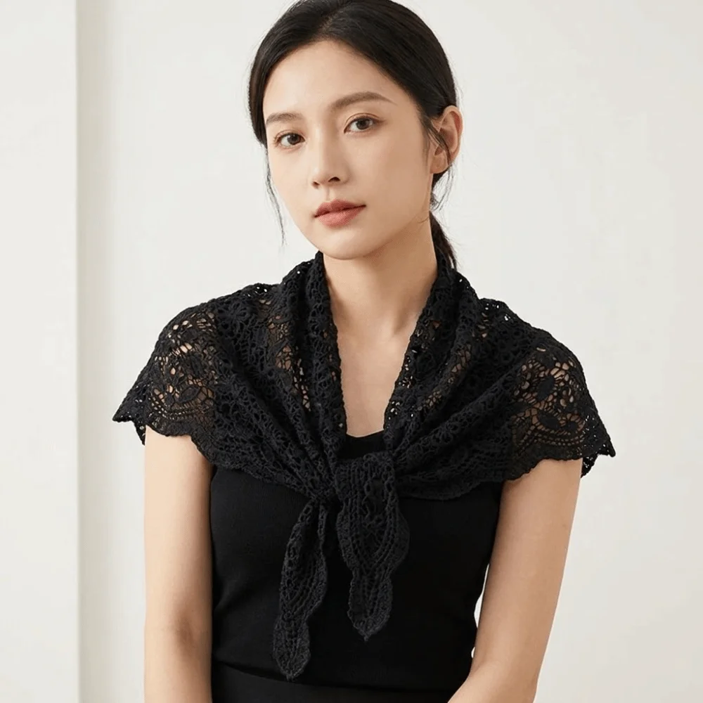 

Fake Collar Knitted Triangle Scarf Ethnic Style Cape Crochet Flower Scarves White Clothes Decoration Hollow Out Lace Shawl
