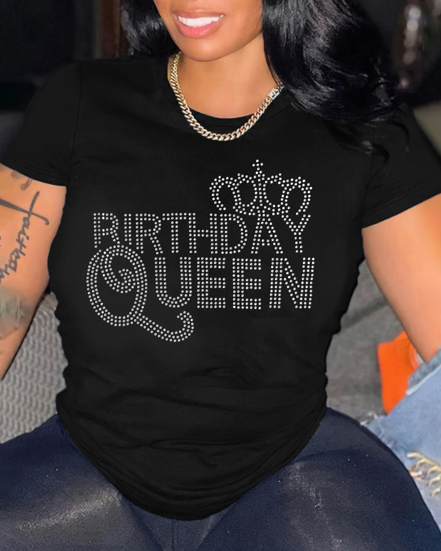 Plus Size Birthday Queen Rhinestone Casual T-shirt