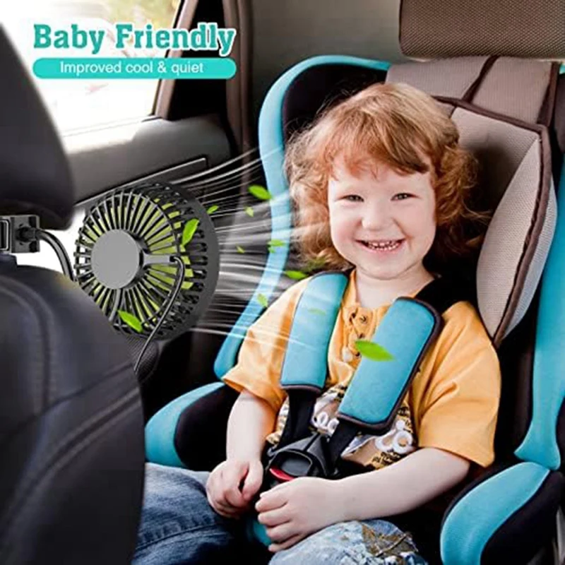 USB Car Fan For Backseat Car Cooling Fan 3 Speeds Strong Wind 5V Fan + Adjustable Clip