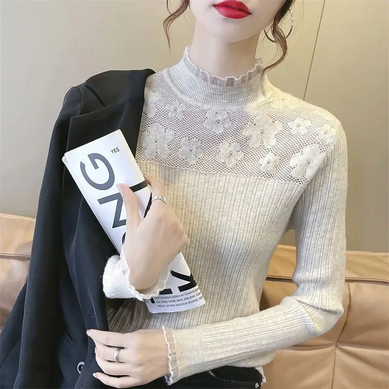 Elegant Slim Lace Spliced Solid Knitted T-shirt Autumn Winter Women\'s Clothing Long Sleeve Half High Collar Fashion Sweaters