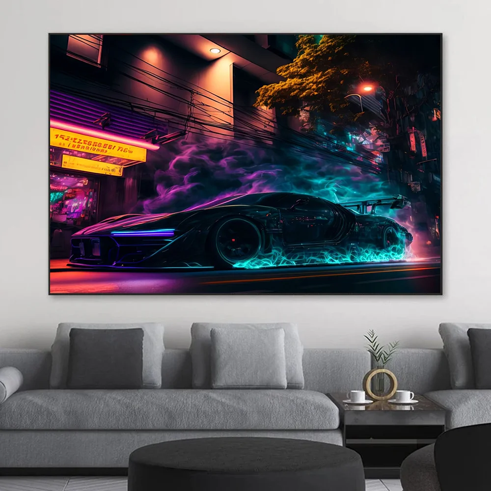 Super Car City Neon Night Canvas Painting Pop Art Wall Pictures Colorful Sport Car  Poster Wall Art Modern Home Decor Unframed