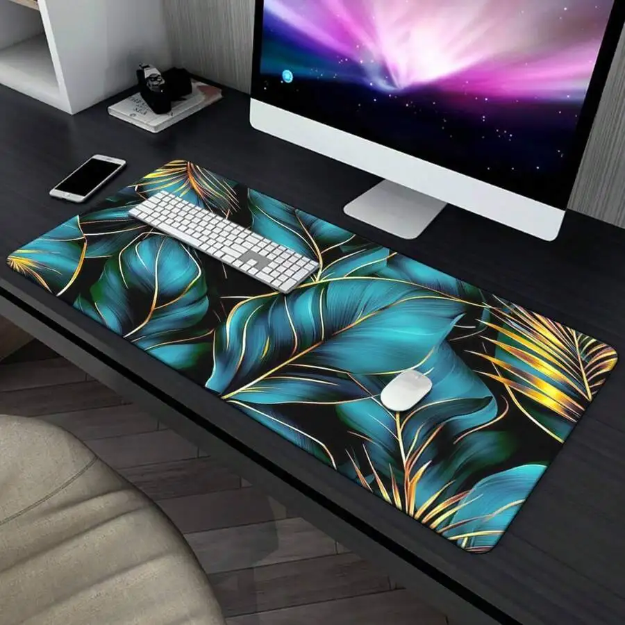 Large Turquoise Blue Golden Palm Leaf Desk Mat Non-Slip Rubber Base Washable For PC Laptop