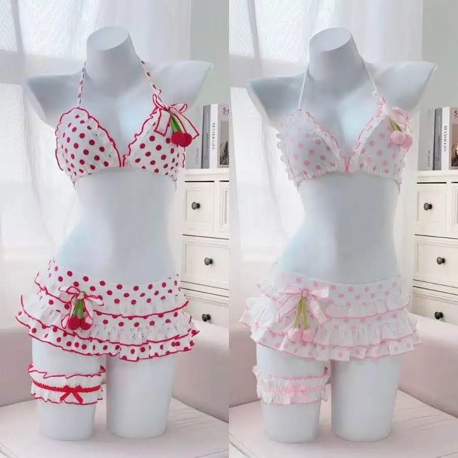 

Harajuku Y2K Lolita Swimwear Set Women Sweet Print Ruffle Bikini Top Mini Skirt Female Casual Outfit