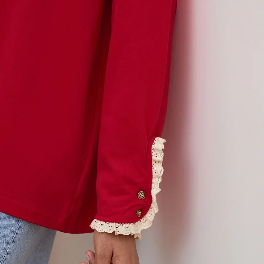 بلوزات نسائية غير رسمية بأكمام طويلة باللون الأحمر مع قلنسوة للخريف والشتاء بلوزات كبيرة الحجم من الدانتيل بلوفر نسائي ملابس يومية #4