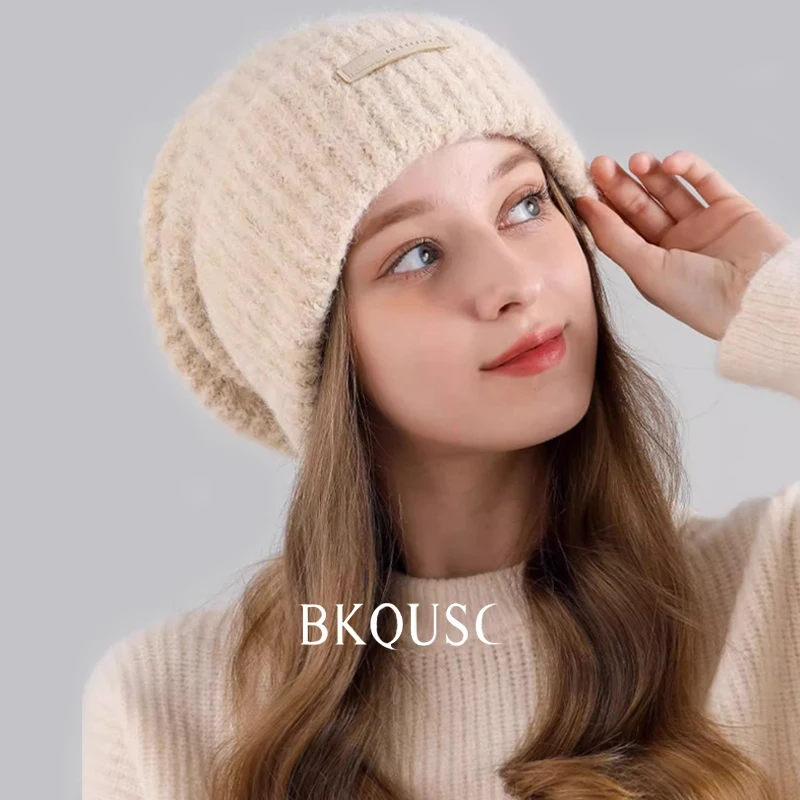 Fashion English Label Woolen Knitted Women's Beanies Hats Winter Outdoor Warm Soft Thick Knitting Bonnet Stylish Stacking Caps