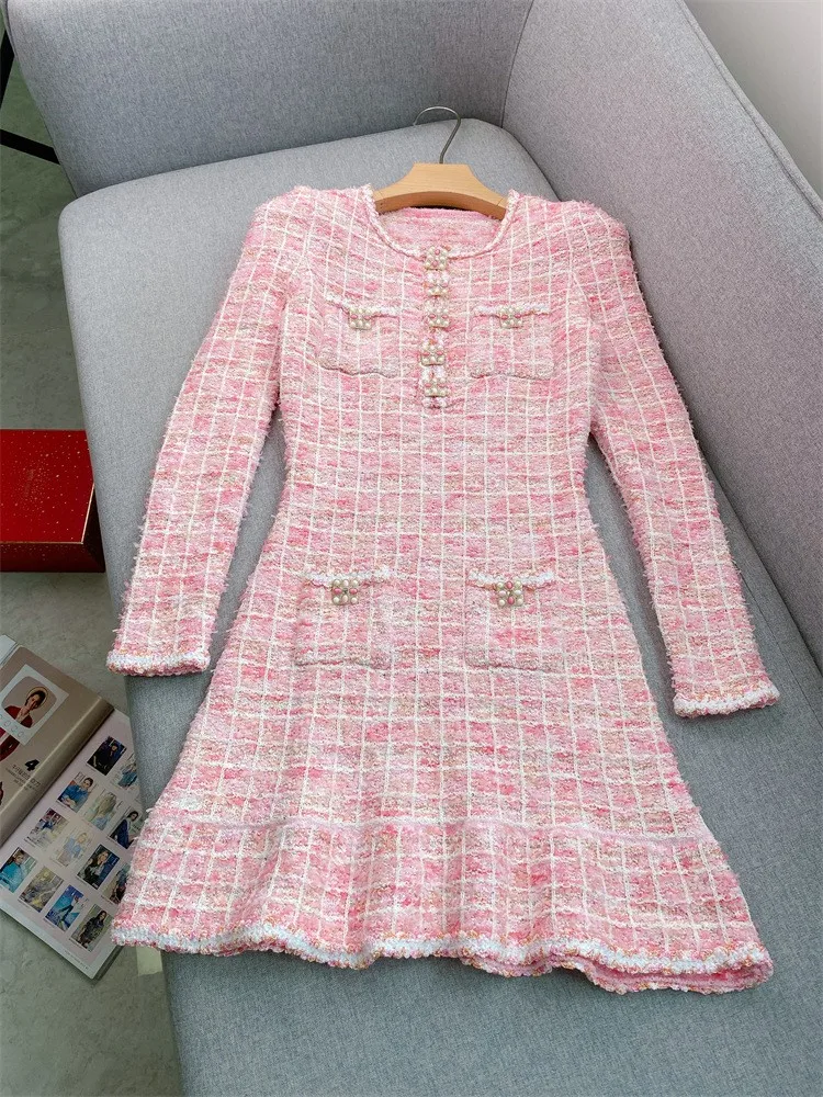 Elegant Slim Fit Office Ladies Pink Knitted Dress O-Neck Long Sleeve High Waist French Style Women A-Line Plaid Short Dresses