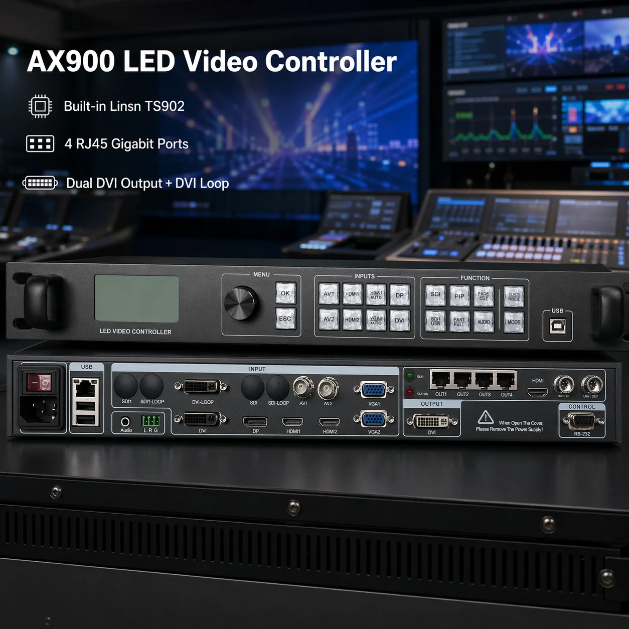

LED-видеоконтроллер AX900 со встроенным Linsn TS902, 4 порта RJ45, двойной DVI, программное управление, PIP, POP, плавное переключение, RS232