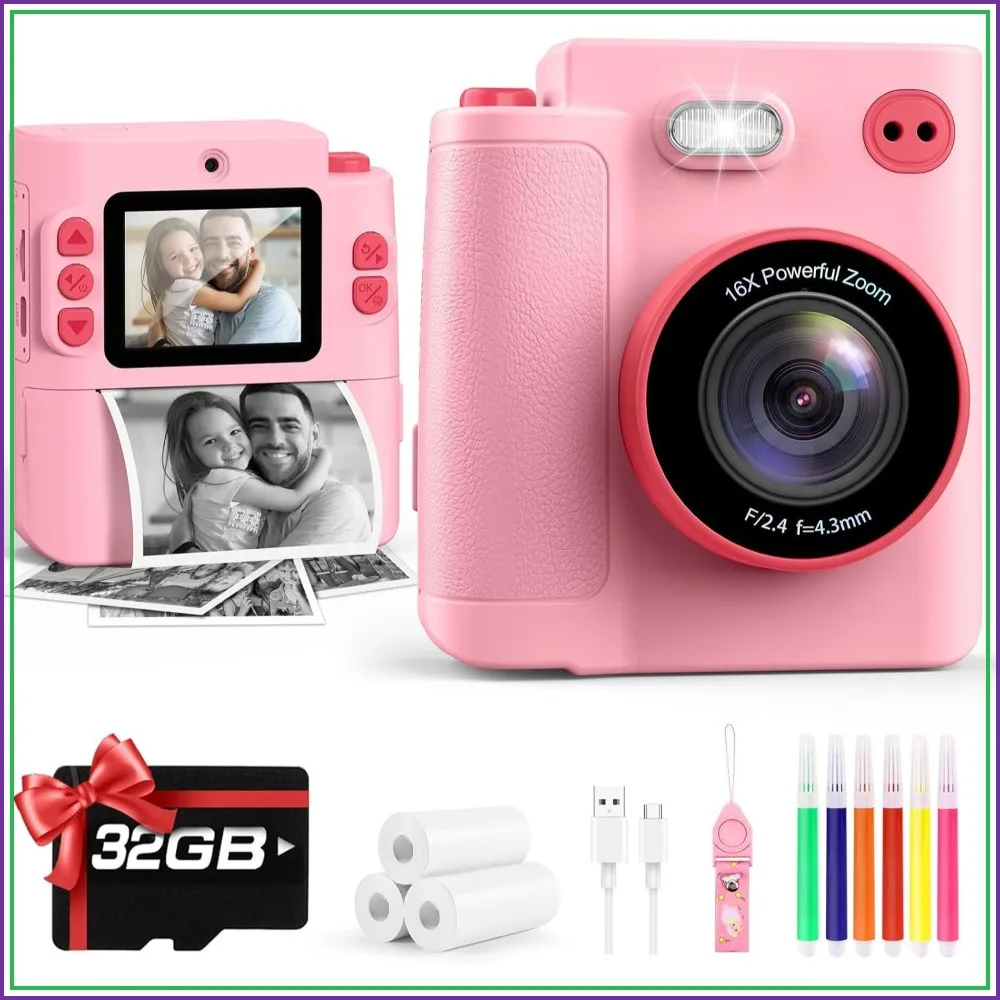 

Instant Print Digital Camera for Kids, Dual Lens, 32GB SD Card & Storage Bag, Gift for Ages 3-12