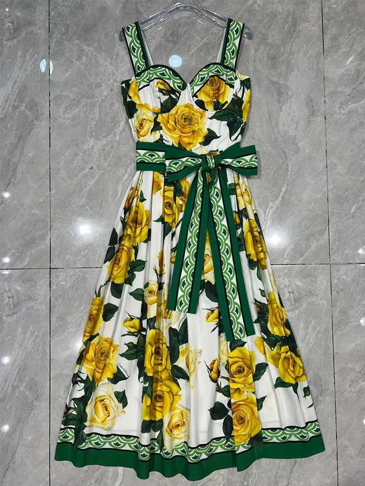 

Fashion women's summer new yellow rose printed chest cup suspender dress with high waist and a word neck strap retro dress