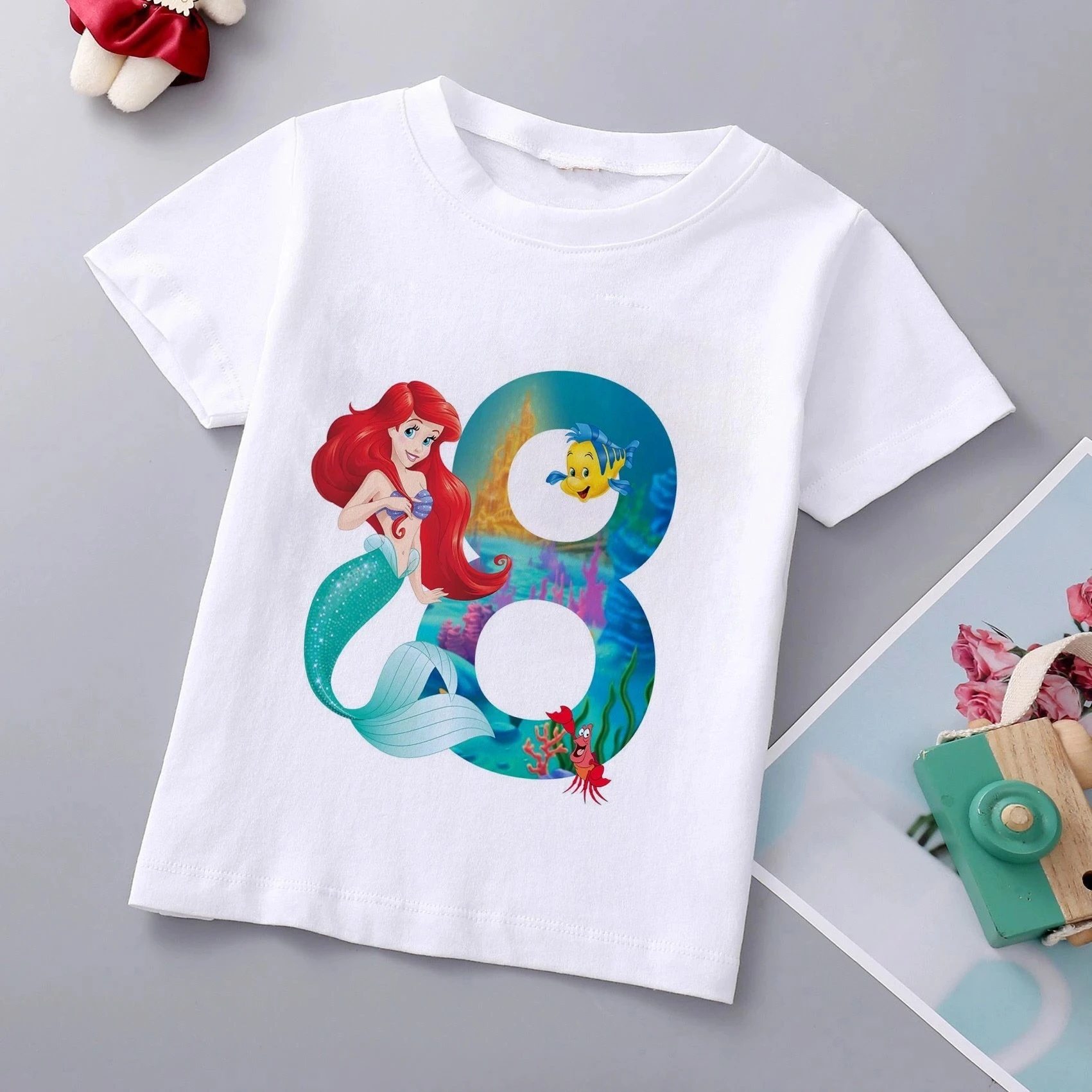 Disney Brand Girls Mermaid Princess Print Cotton T Shirt Ariel Princess Clothes Children Cartoon Top1-9Years Kids Birthday Gift