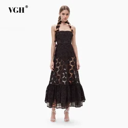 VGH Solid Patchwork Embroidery Dresses For Women Halter Sleeveless High Waist Spliced Lace Up Temperament Long Dress Female New