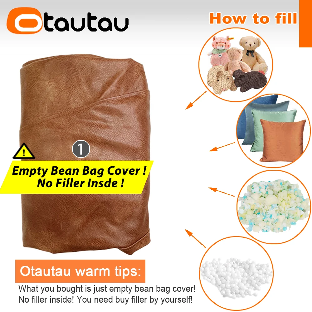 OTAUTAU 2-seat PU Leather Bean Bag Cover Without Filler Beanbag Couch Sofa Bed Lounger No Filling SF199